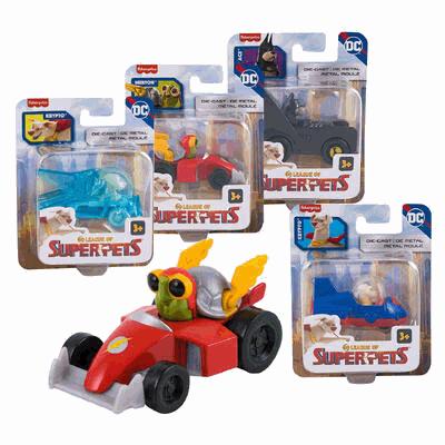 Collection of DC Super Pets toy vehicles with packaging on a white background
