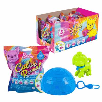 Barbie Color Reveal toy packaging and a green dog toy on a white background