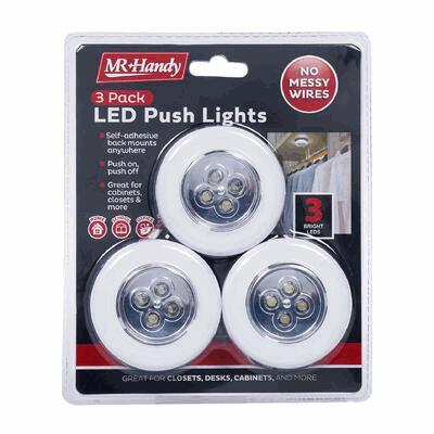 LED PUSH LIGHT, 3PK 2.5"Dx1"H