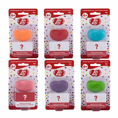 Six packages of Jelly Belly candy with colorful jelly beans and question marks on a white background.