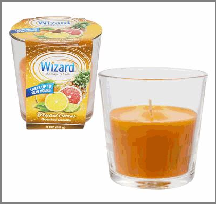 Glass of juice next to a container labeled 'Wizard' on a white background