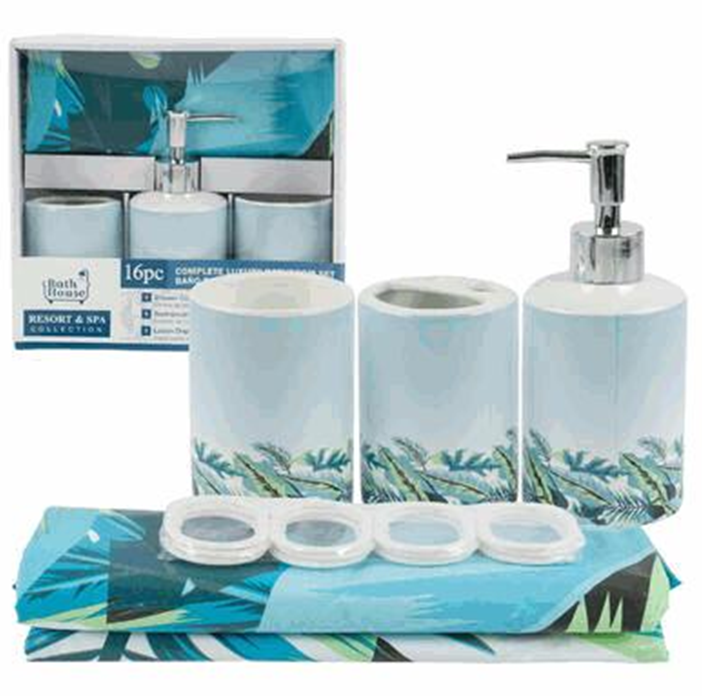 16-Piece Bathroom Set – Palm Leaves Design with Shower Curtain, Mats Accessories