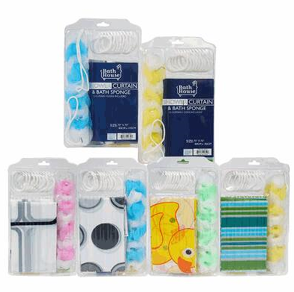 Packaged bath curtains and bath sponges with colorful designs on a white background