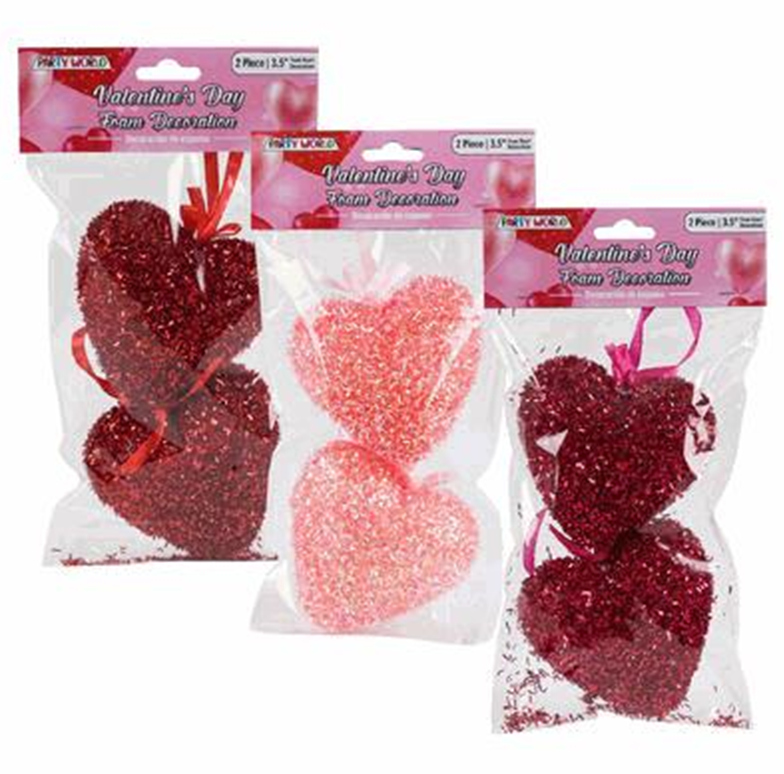 Valentine’s Day Foam Heart Decor, 2pc Set – 3.5" Hearts, 3 Assorted Styles