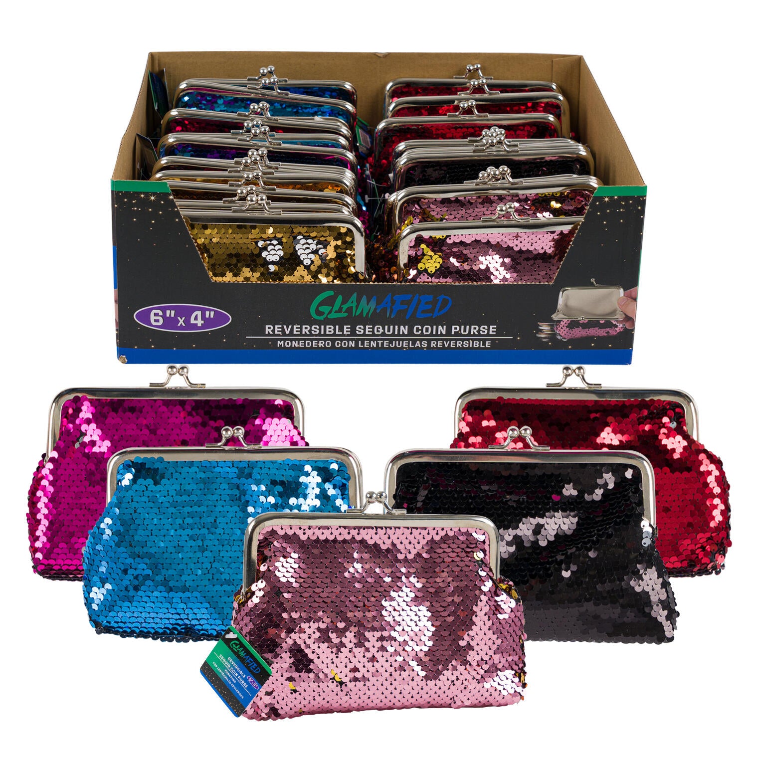 Reversible Sequin Coin Purse- 6x4''- 6 Assortments