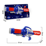NASA-themed toy gun with packaging displaying dimensions and Nasa logo.
