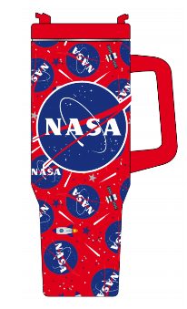 Red mug with NASA logo and design on a blue background