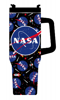Travel mug with NASA logo and space-themed design on a black background
