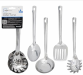Set of kitchen utensils including a ladle, spoon, and spatula on a white background.