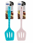 Two blue and white kitchen utensils on a neutral background