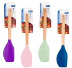 Set of colorful silicone spatulas with brand name on a white background
