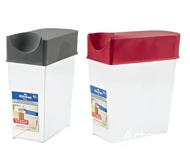 Two storage bins with gray and red lids on a white background
