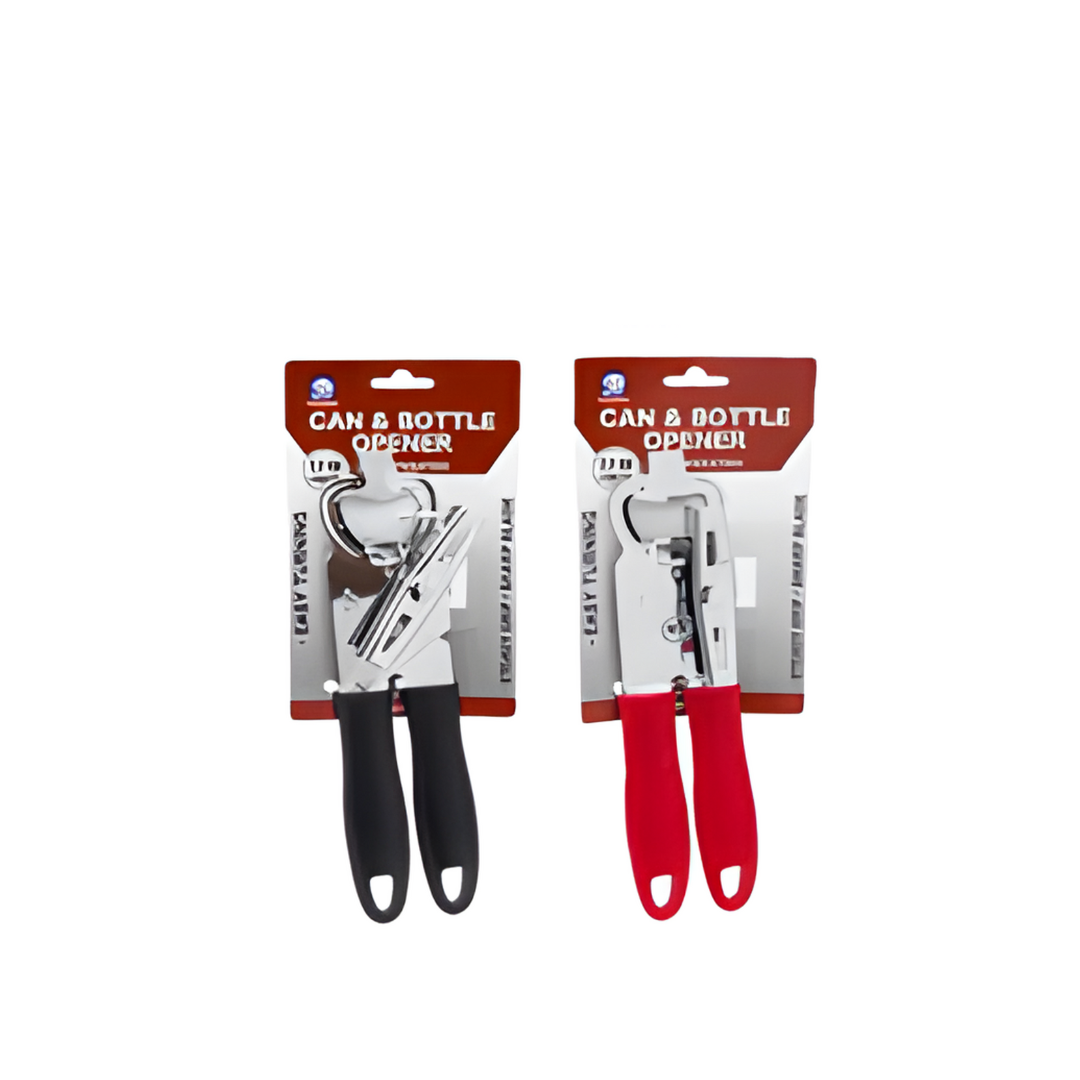 Two can and bottle openers in packaging with red and black handles on a white background.