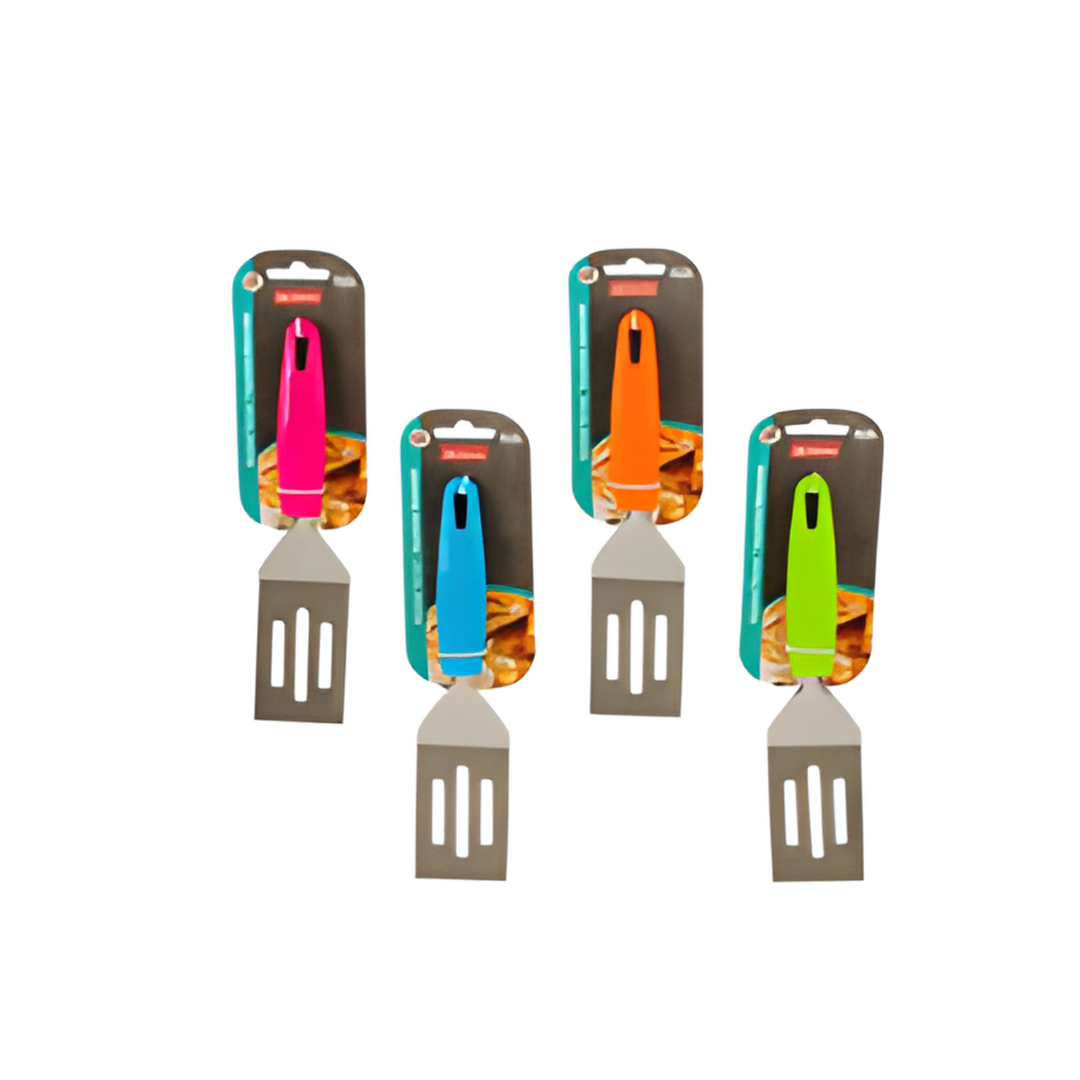 Set of four spatulas with colorful handles in packaging on a white background