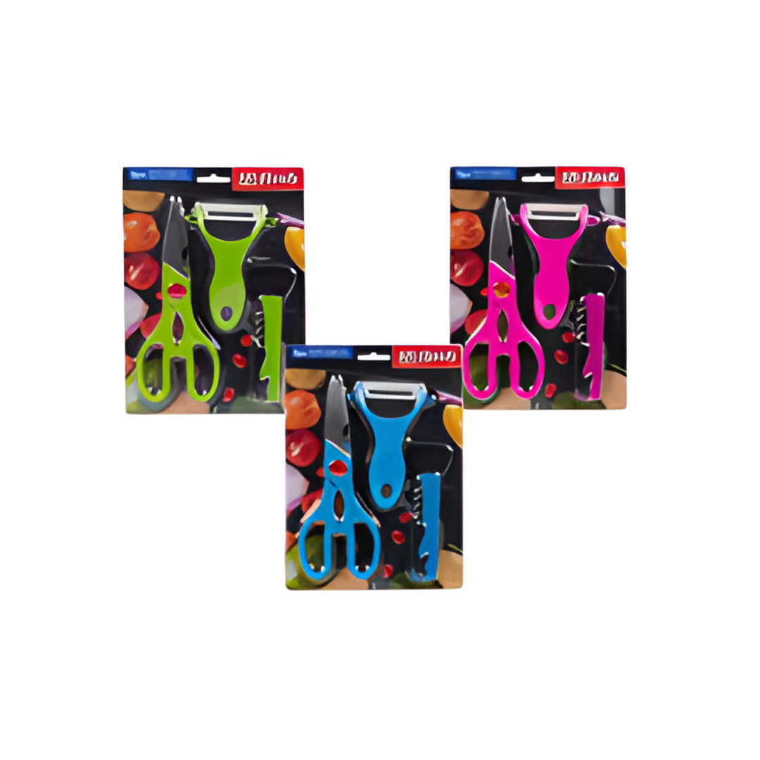 Three packages of kitchen shears with colorful handles on a white background