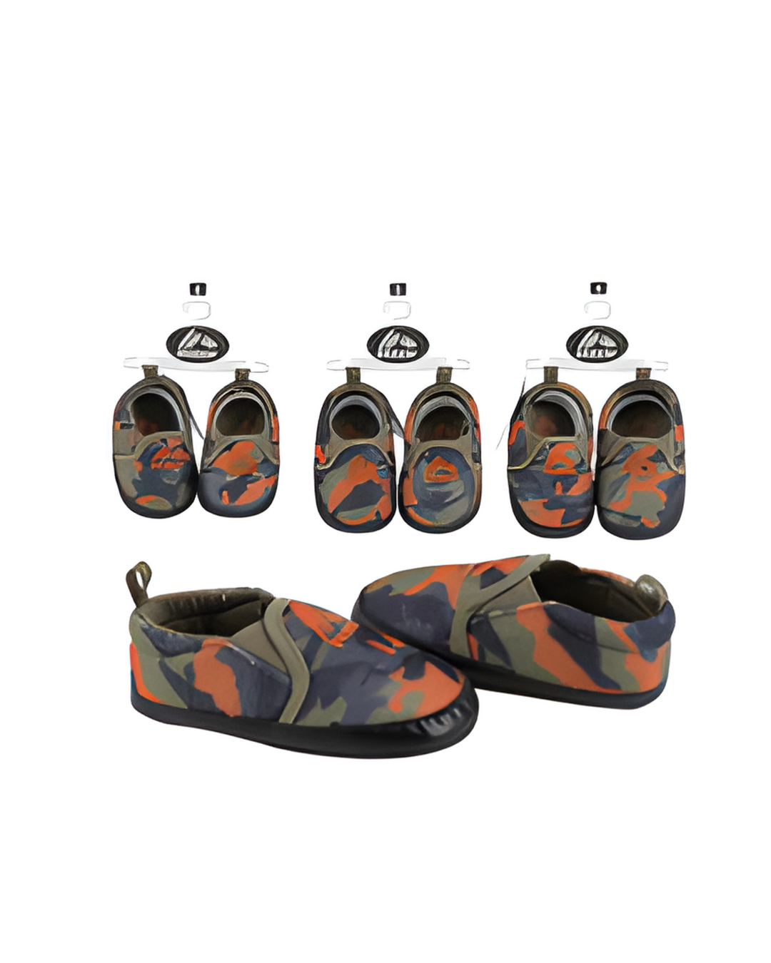 Camouflage-patterned shoes displayed on a white background