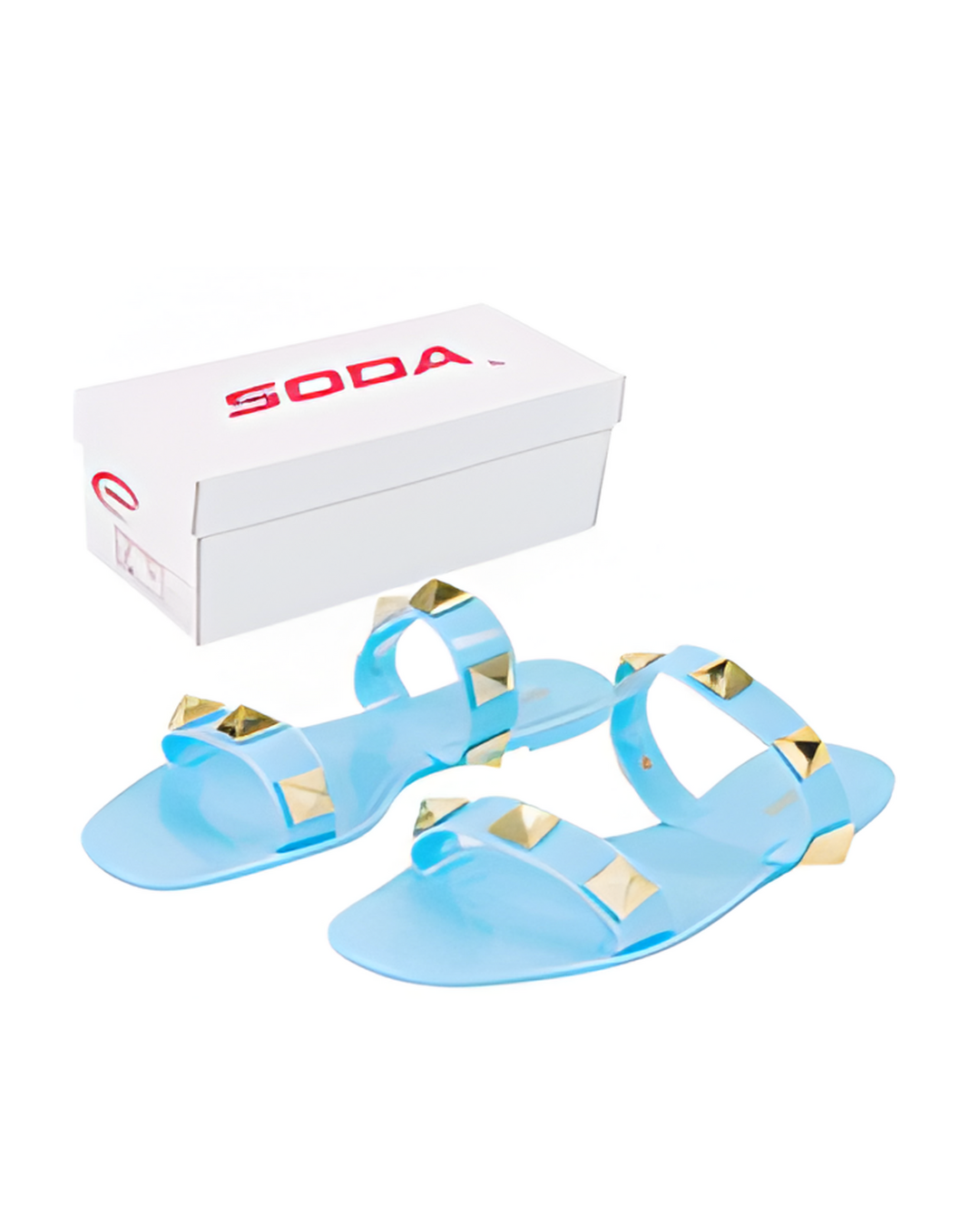 Light blue sandals with gold studs and a white box with 'SODA' branding on a white background.