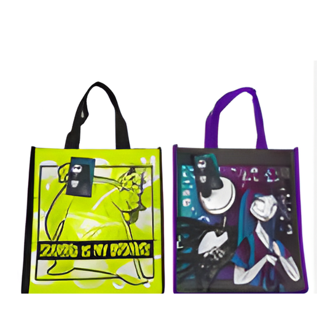 Two tote bags with colorful designs on a white background