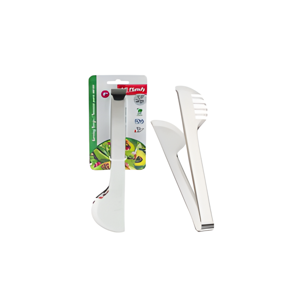 Set of kitchen utensils including a ladle, tongs, and a spatula with a branded packaging on a white background.