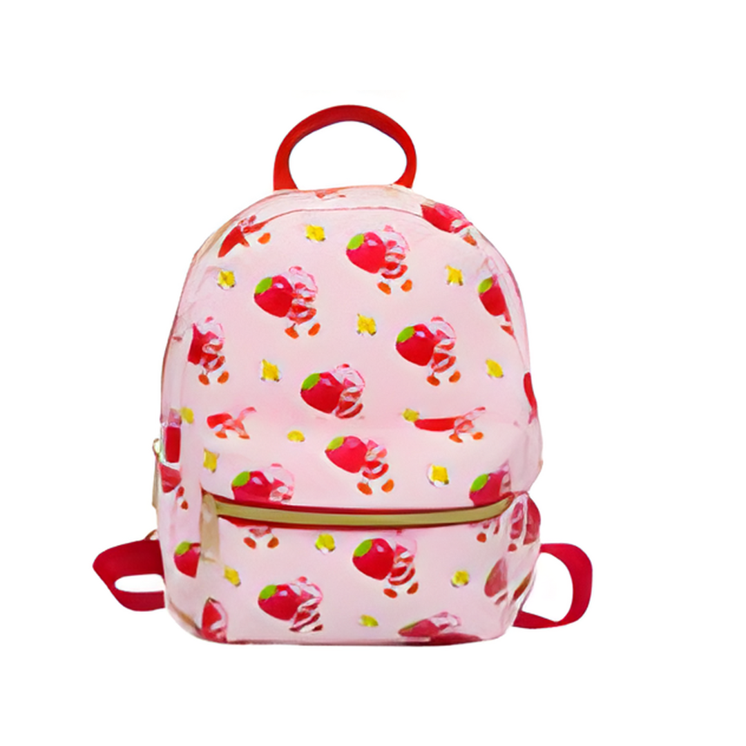 Pink backpack with strawberry pattern on a white background