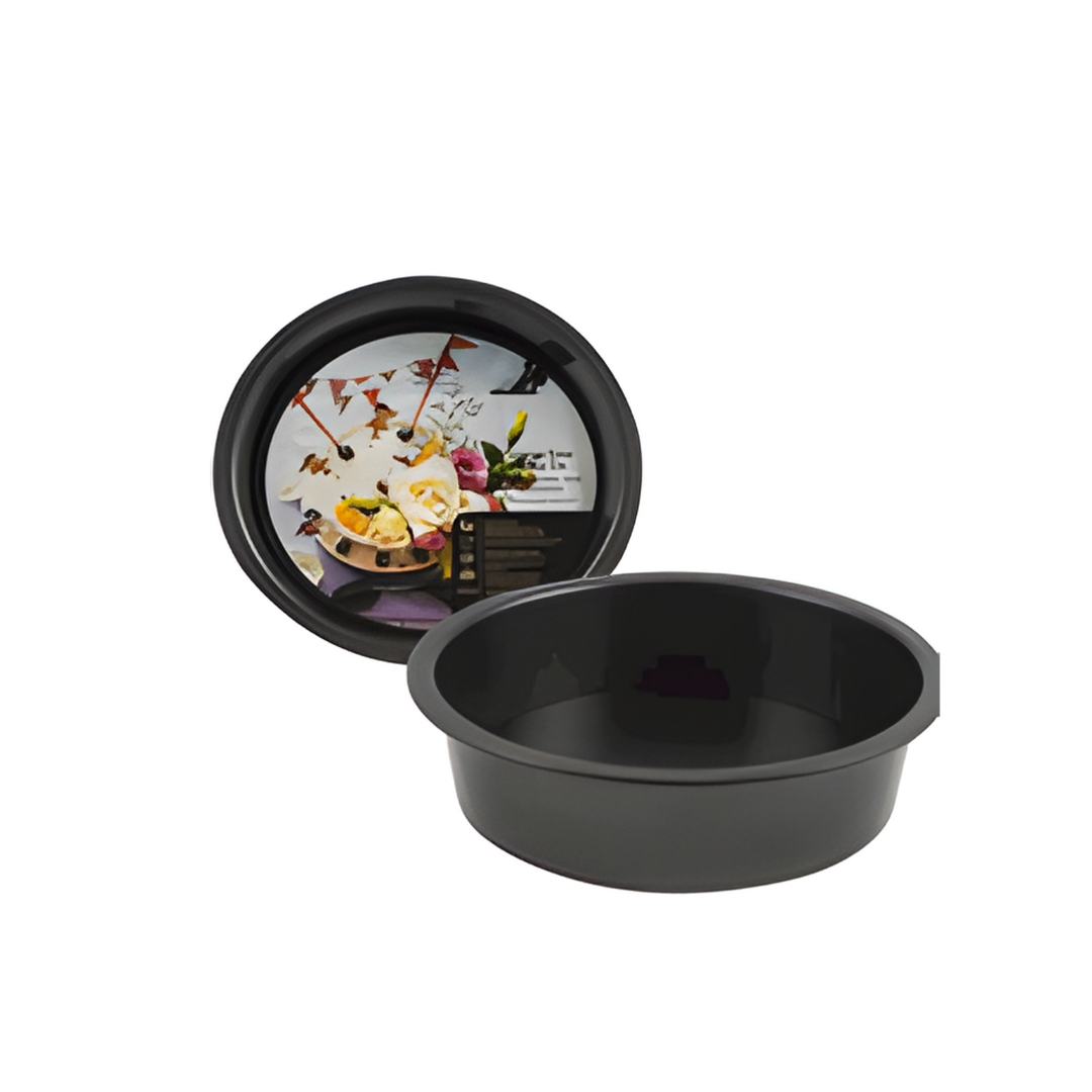 Black baking pan with a decorative lid on a white background