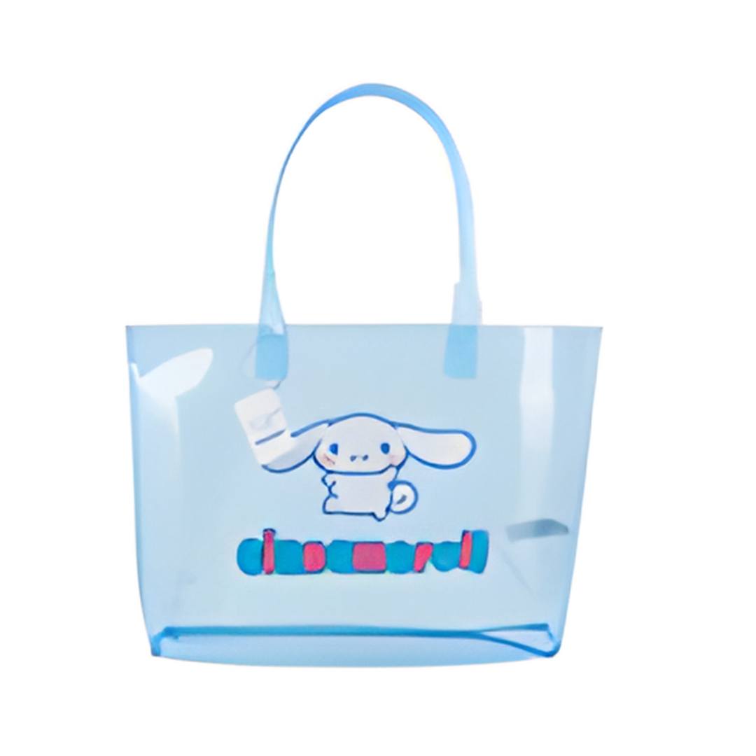 Clear blue tote bag with a cartoon character and text on a white background