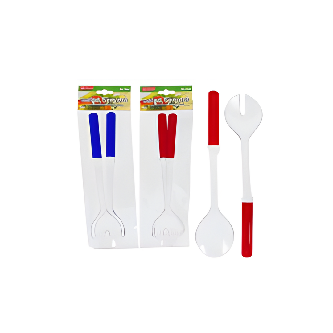 Two packages of plastic utensils with red and blue handles on a white background