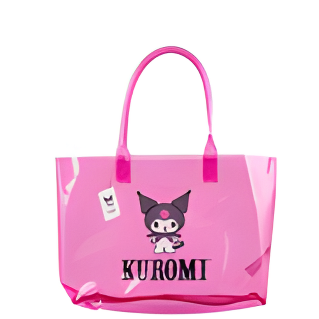 Pink tote bag with Kuromi character and logo on a white background