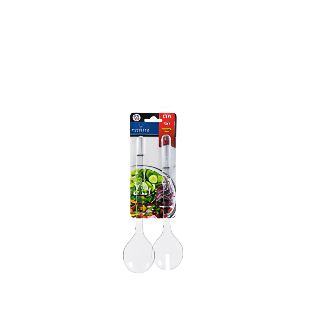 Two clear salad servers in a packaging with brand logo on a white background