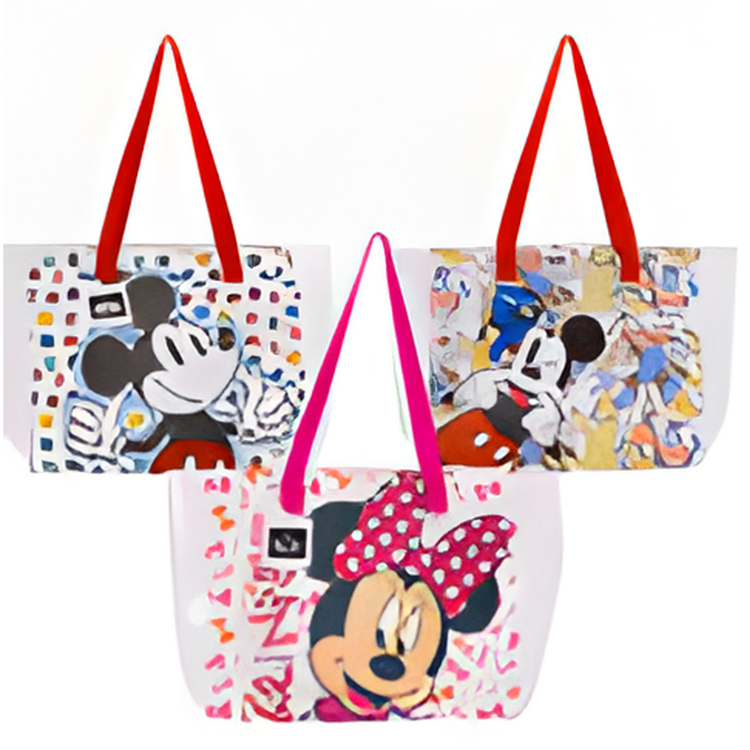 Three tote bags with cartoon characters on a white background