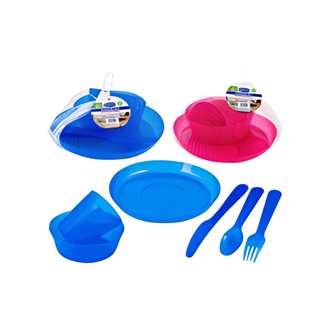 Set of blue and pink plastic plates, cups, and utensils on a white background
