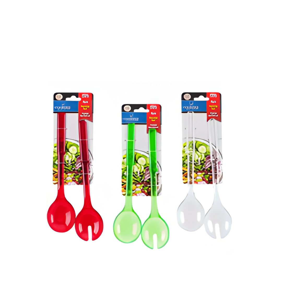 Set of three salad servers in red, green, and white with packaging on a white background
