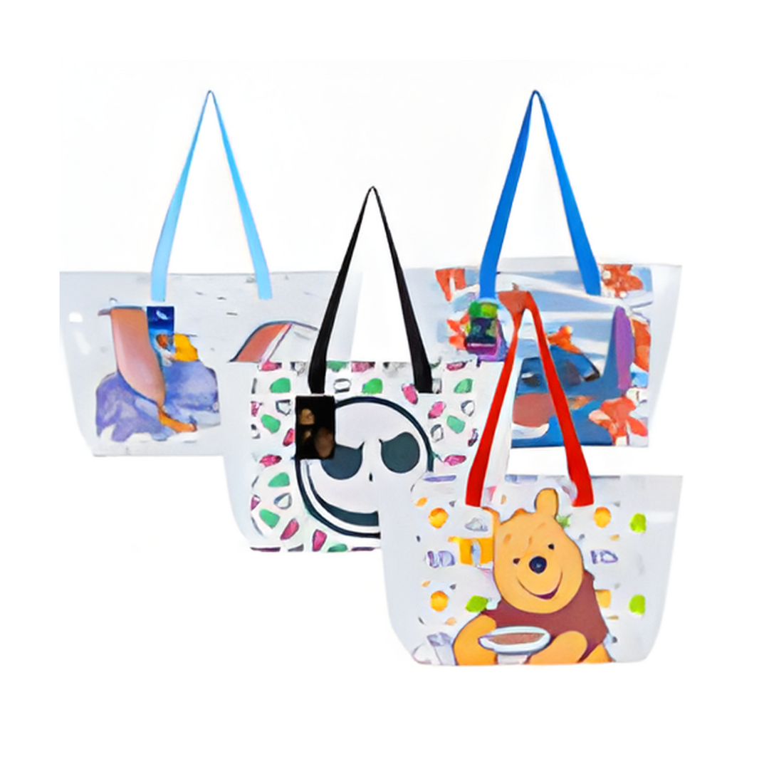 Three colorful tote bags with different designs on a white background