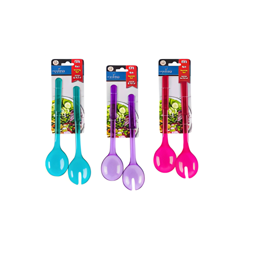 Set of colorful salad servers with packaging on a white background