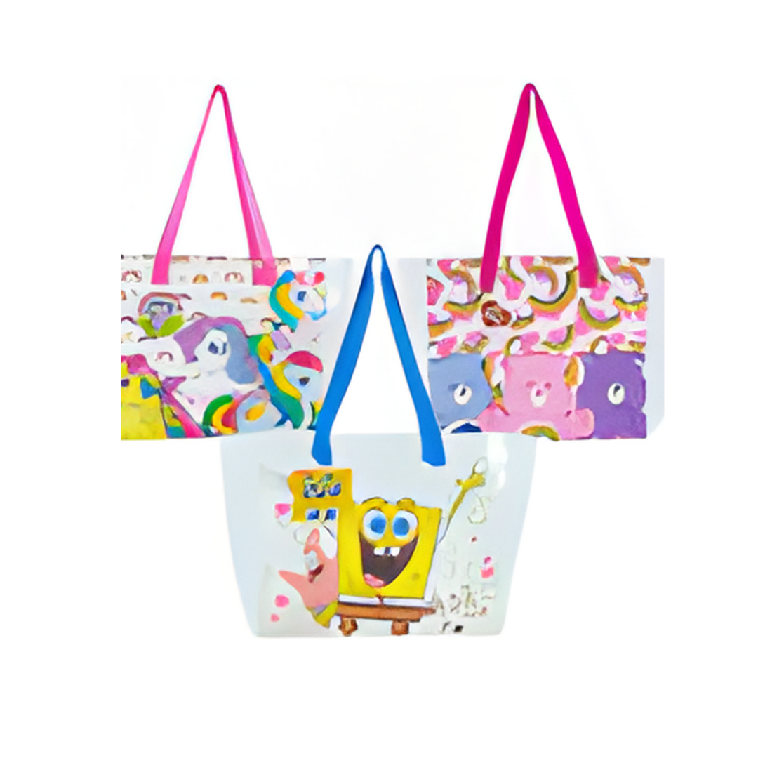 Two colorful tote bags with cartoon designs on a white background