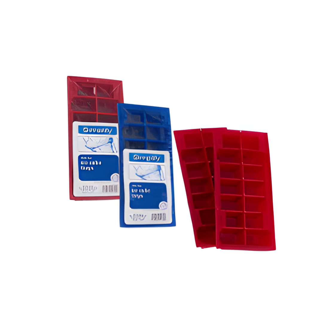 Red and blue silicone ice cube trays with a blue label on a white background
