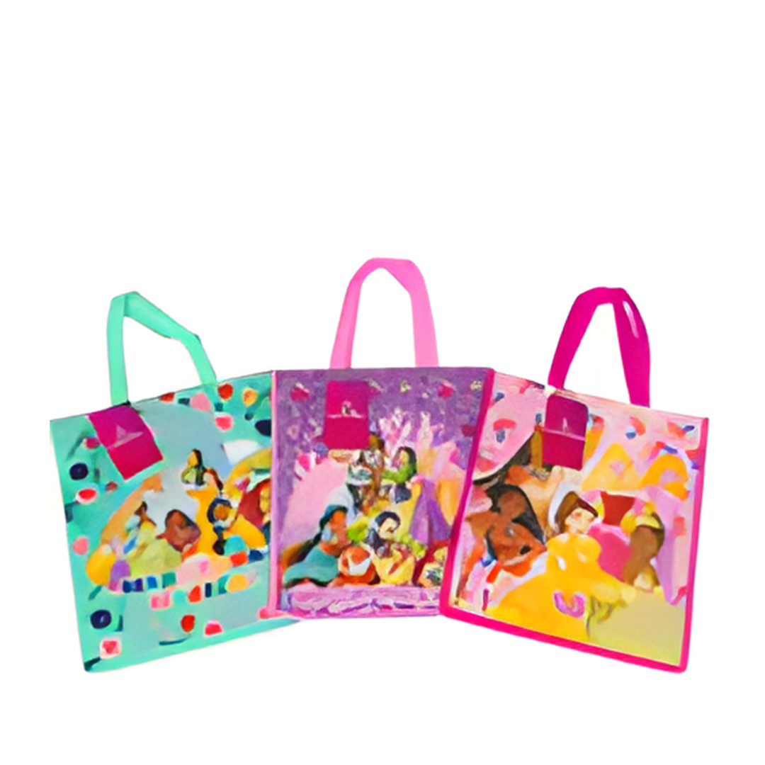 Three colorful tote bags with Disney Princess designs on a white background