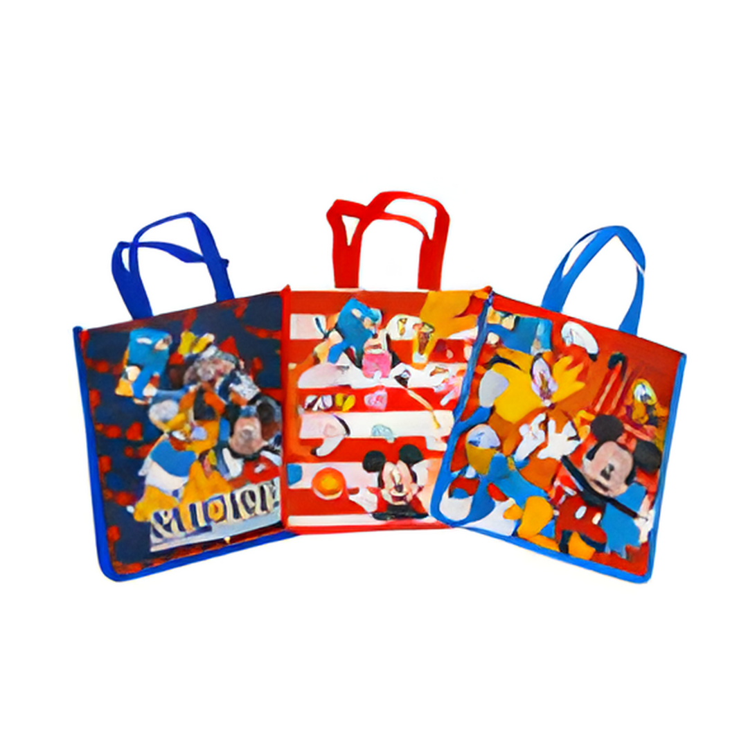 Three colorful tote bags featuring cartoon characters on a white background