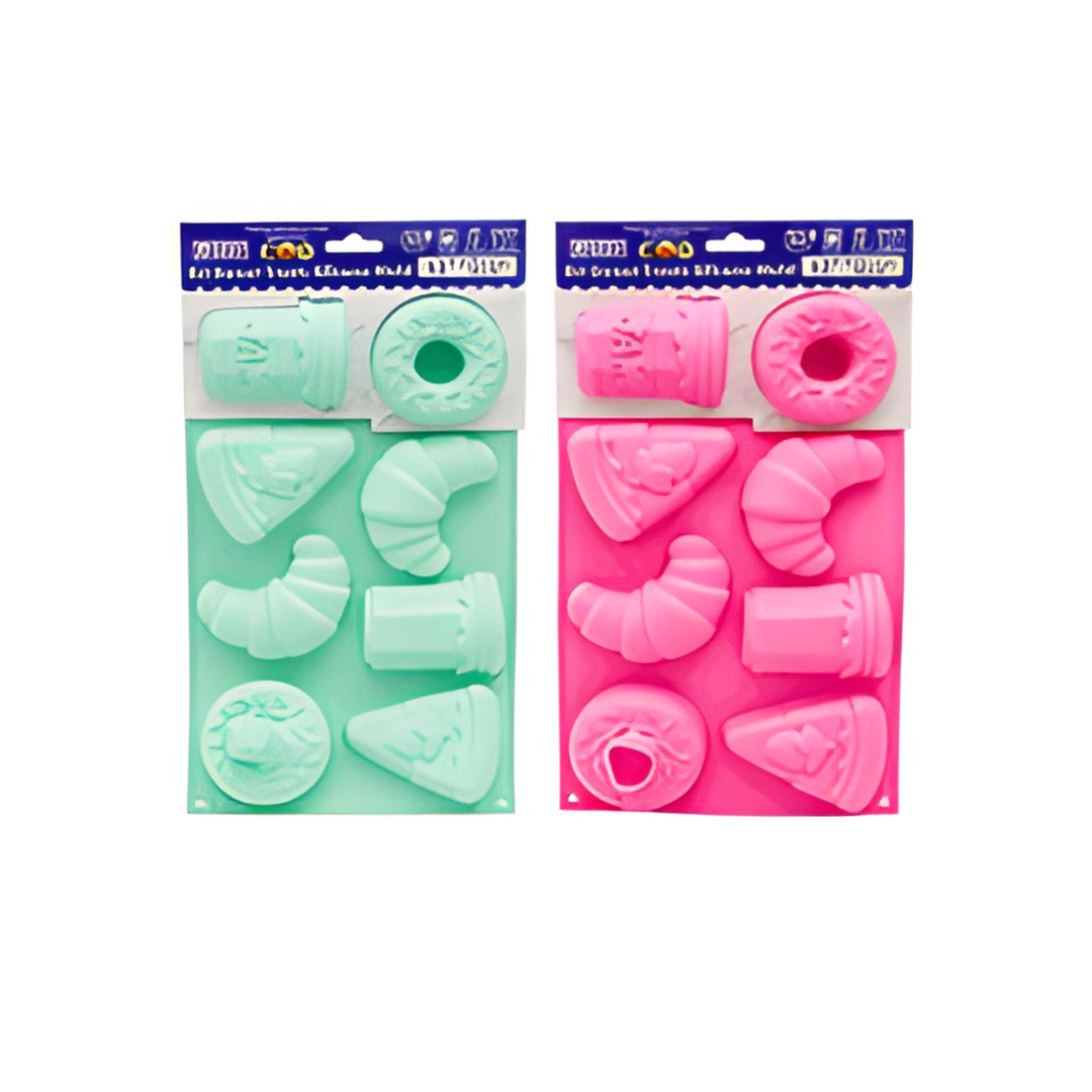 Two silicone mold sets in green and pink packaging on a white background