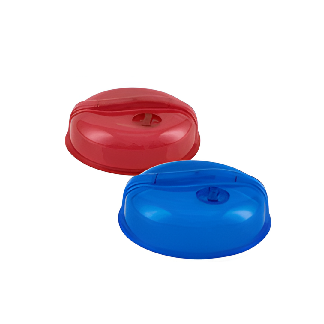 Red and blue plastic lids on a white background