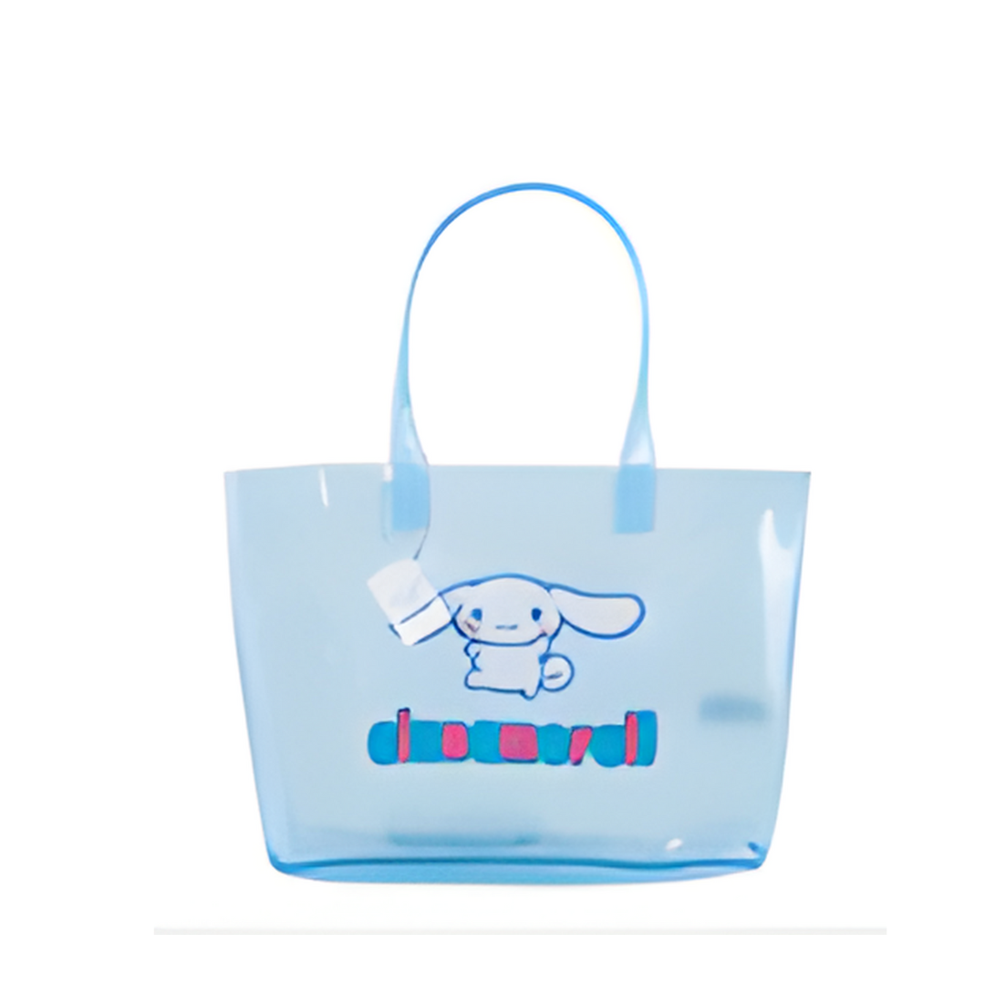 Blue transparent tote bag with a cartoon character and text on a white background