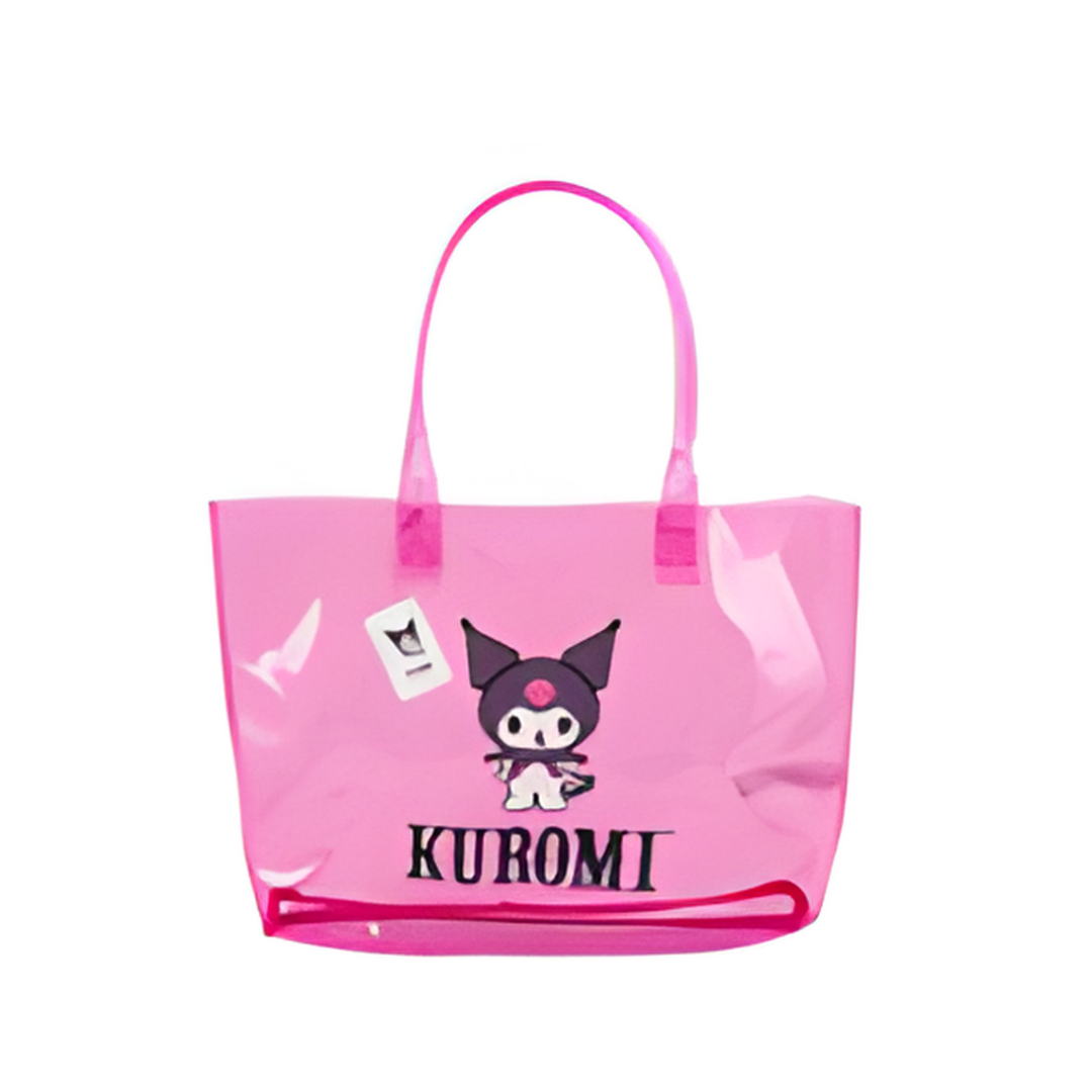 Pink tote bag with a character design and 'Kuromi' text on a white background