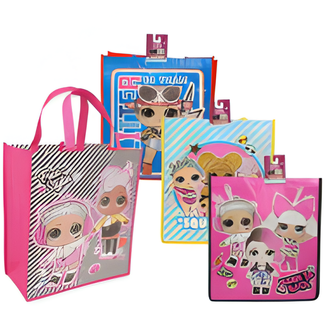 Set of colorful bags with cartoon character designs on a white background