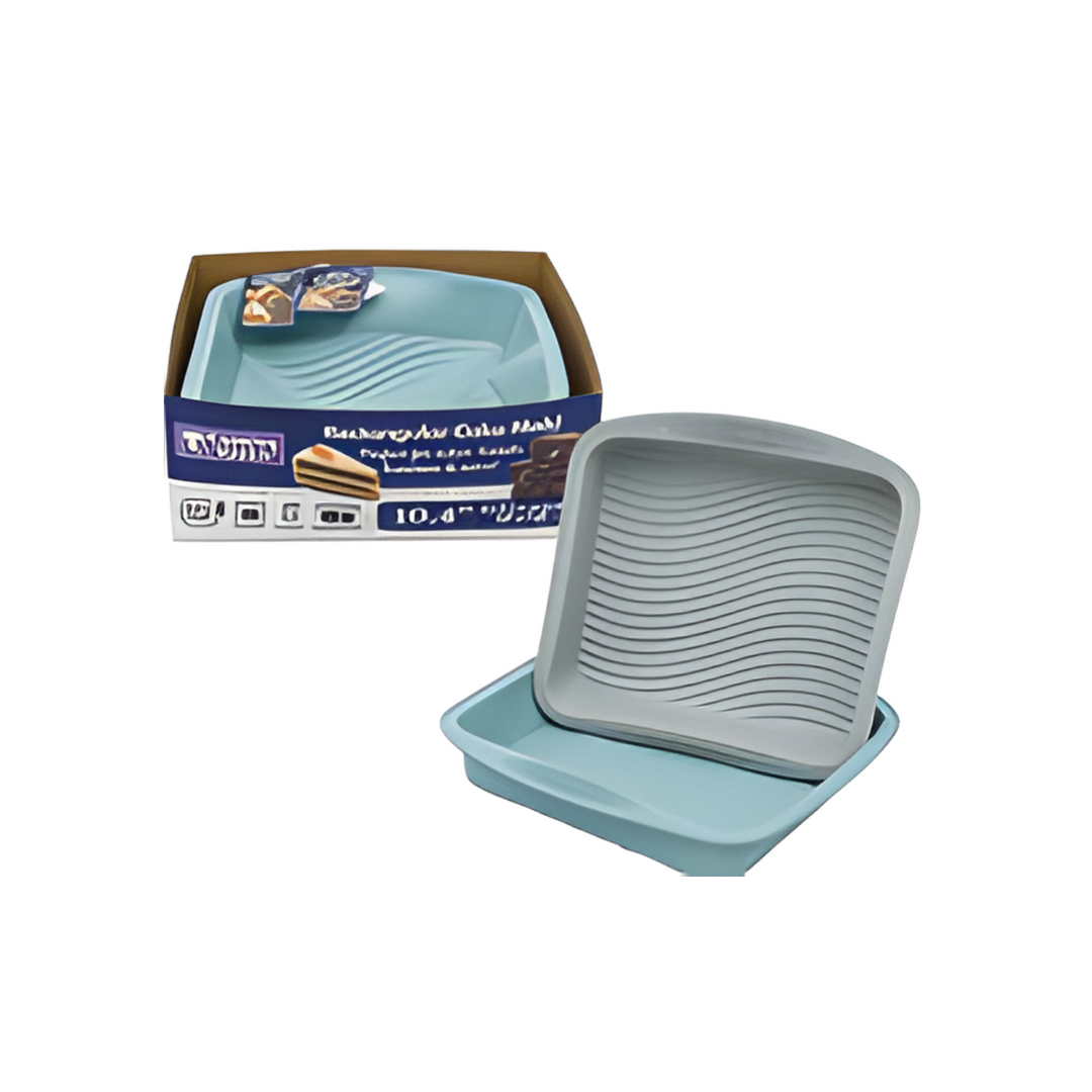 Baking dish with a textured bottom and a box displaying the product details on a white background