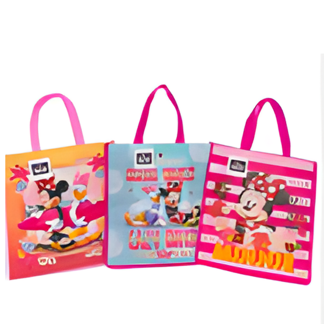 Three colorful tote bags featuring cartoon characters on a white background