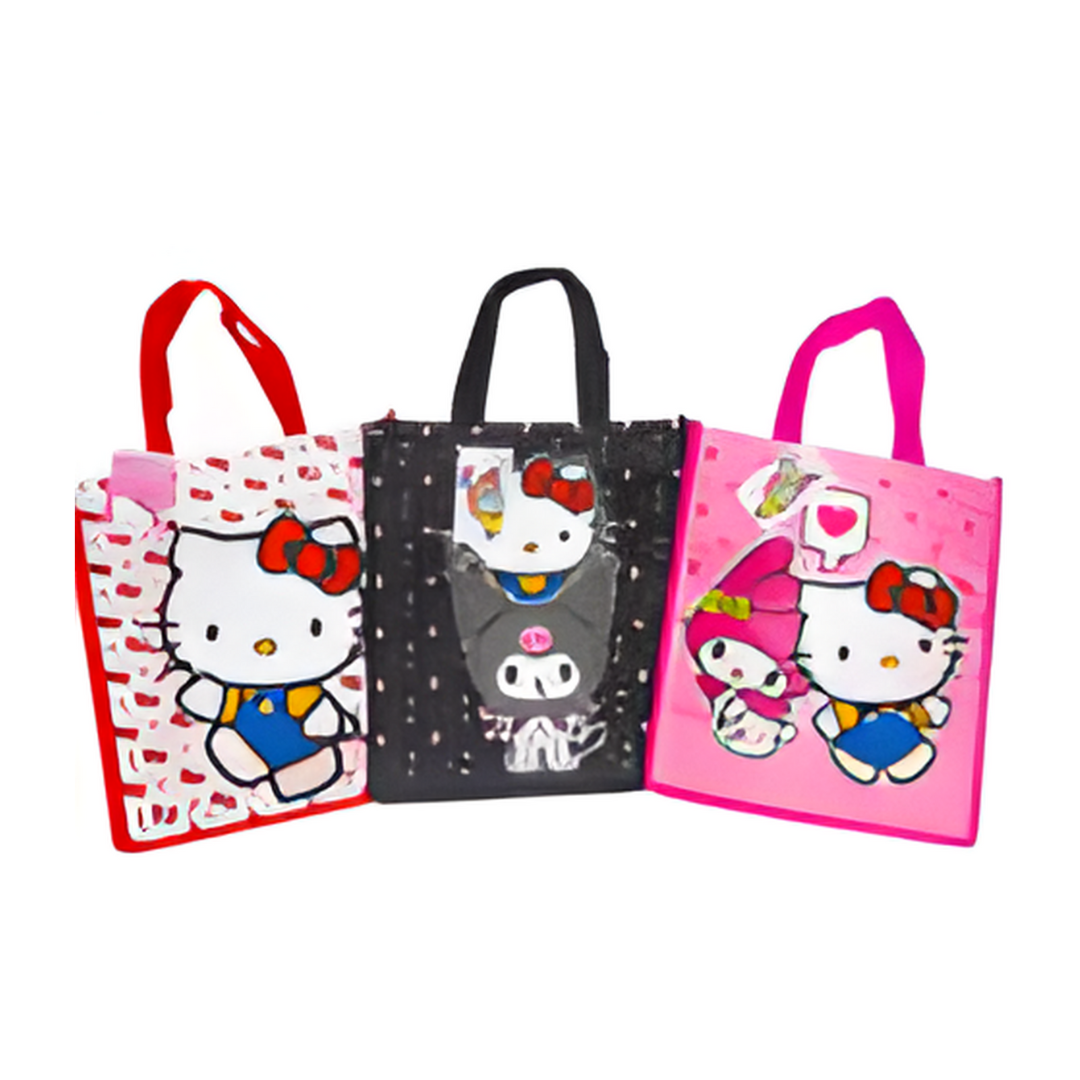 Three Hello Kitty-themed tote bags with different designs on a white background