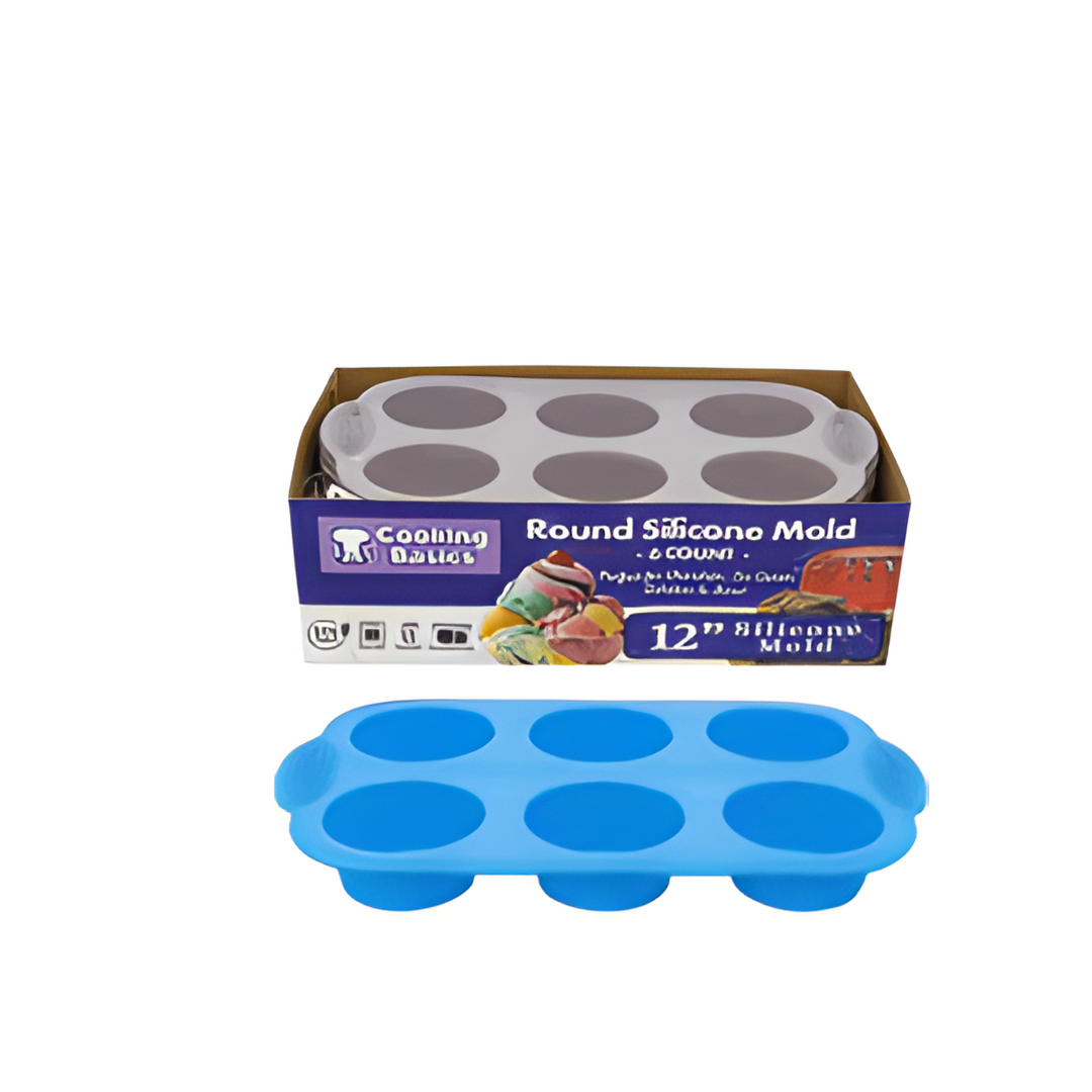 Blue round silicone mold with packaging labeled 'Cooking Basics' on a white background