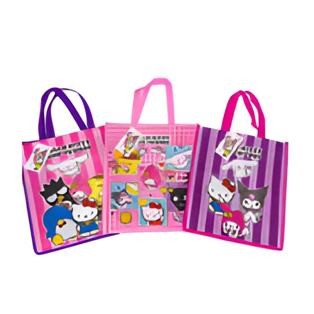 Three colorful tote bags with cartoon characters on a white background