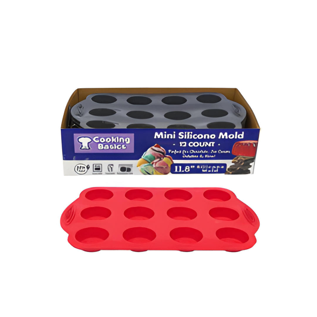 Red mini silicone mold with 'Cooking Basics' packaging on a white background