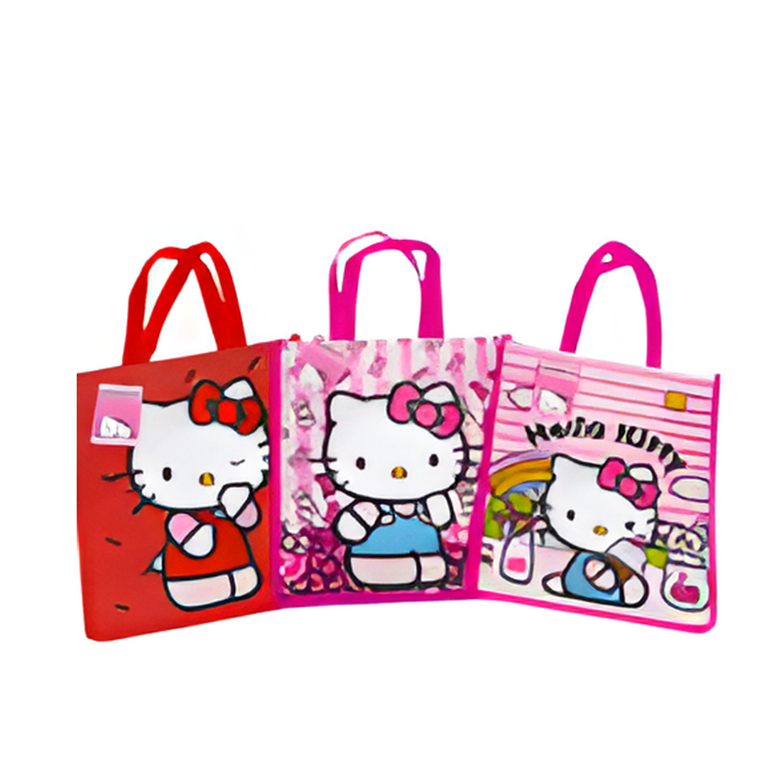 Three Hello Kitty-themed bags in red, pink, and multicolor on a white background